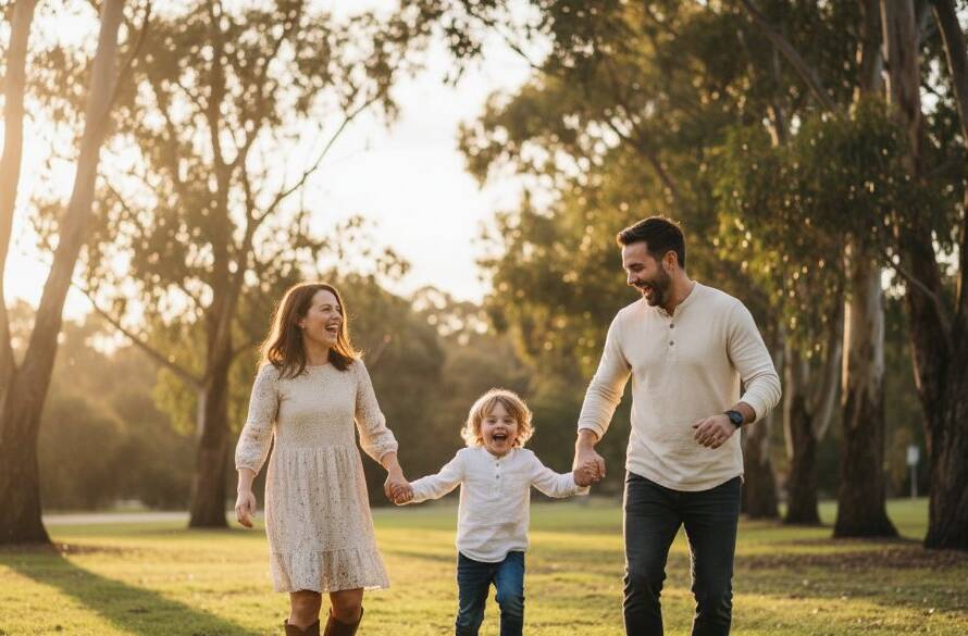 An epic, emotionally resonant photograph of Genuine West Footscray Candid Family Photography Moments, capturing a family laughing joyfully during golden hour at Cruickshank Park, sunlight streaming through trees, with professional colour grading.