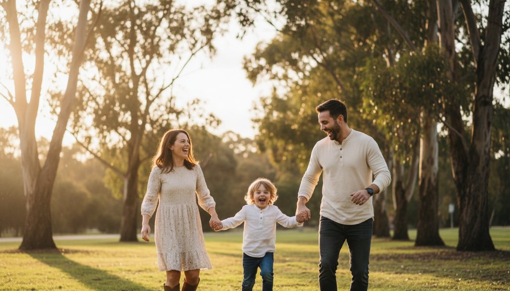 An epic, emotionally resonant photograph of Genuine West Footscray Candid Family Photography Moments, capturing a family laughing joyfully during golden hour at Cruickshank Park, sunlight streaming through trees, with professional colour grading.