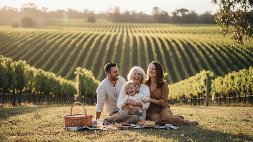 A heartwarming and authentic candid natural moment captured during a family portrait session in a sun-drenched Gisborne vineyard, showcasing the joy and genuine connection between parents and their child, embodying Gisborne candid photography authentic natural moments.