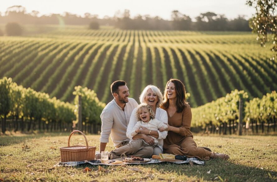 A heartwarming and authentic candid natural moment captured during a family portrait session in a sun-drenched Gisborne vineyard, showcasing the joy and genuine connection between parents and their child, embodying Gisborne candid photography authentic natural moments.