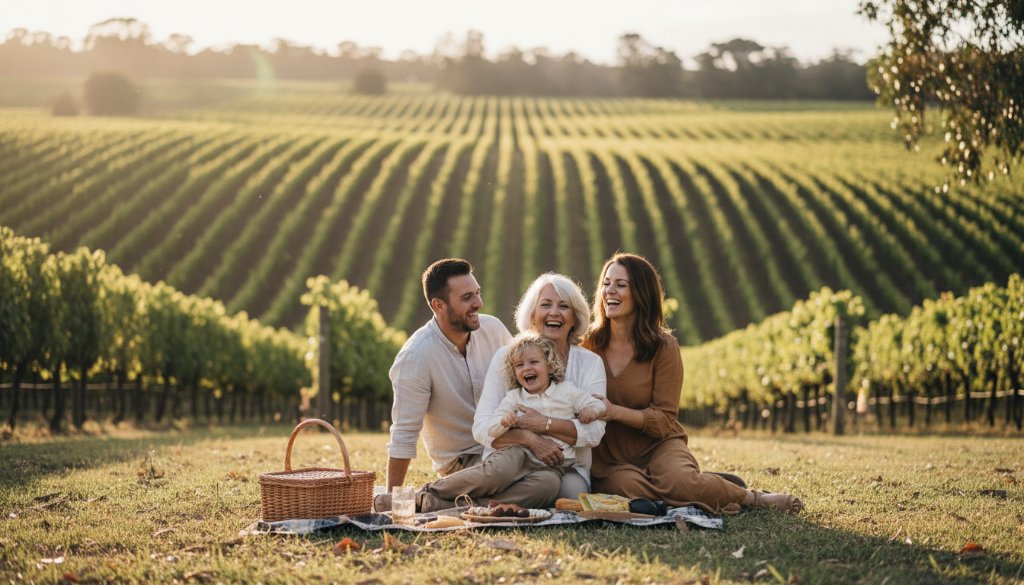 A heartwarming and authentic candid natural moment captured during a family portrait session in a sun-drenched Gisborne vineyard, showcasing the joy and genuine connection between parents and their child, embodying Gisborne candid photography authentic natural moments.