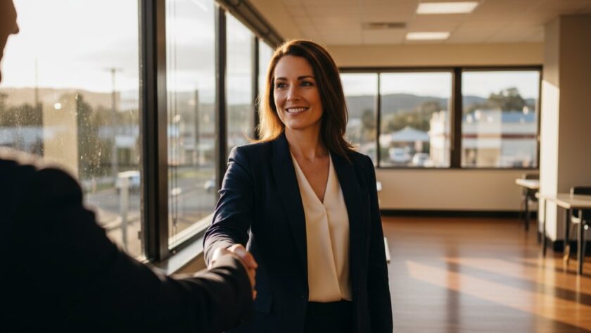 A powerful, cinematic photograph showcasing a confident female executive in a modern Gisborne office setting, receiving professional Gisborne Corporate Headshots Victoria, with dramatic natural light highlighting her determined expression and the contemporary architecture outside.