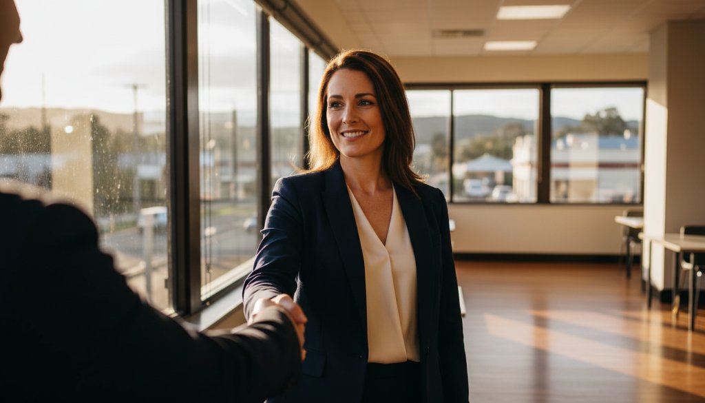 A powerful, cinematic photograph showcasing a confident female executive in a modern Gisborne office setting, receiving professional Gisborne Corporate Headshots Victoria, with dramatic natural light highlighting her determined expression and the contemporary architecture outside.