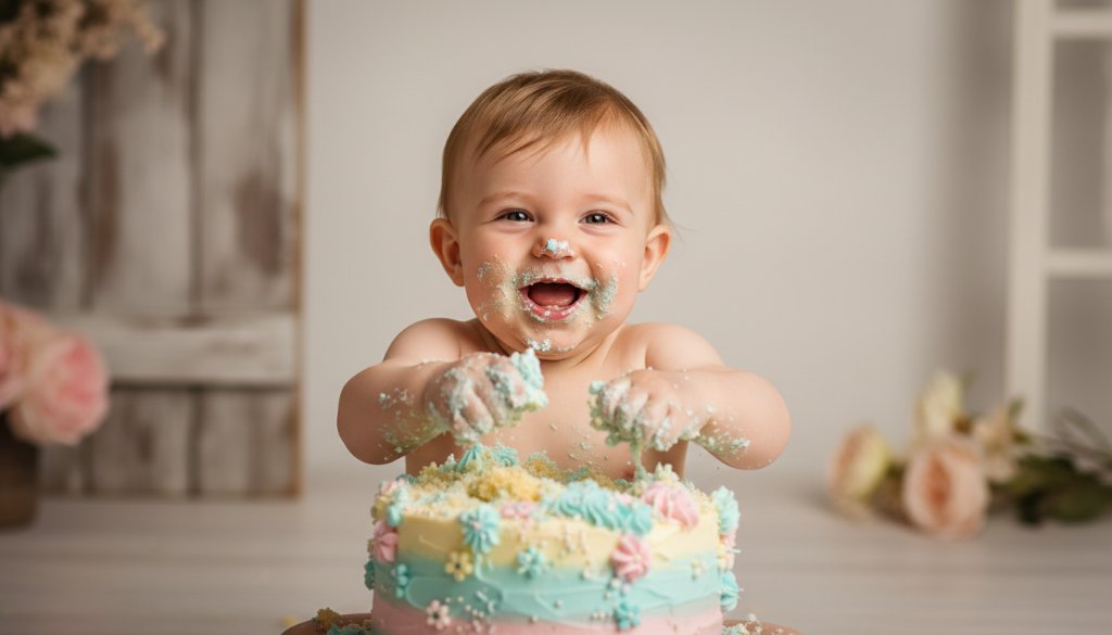 An emotionally vibrant, epic moment photograph of a baby joyfully smashing a cake amidst a playful, colourful setup, bathed in soft, ethereal natural light from a window, captured by Gisborne first birthday cake smash photography.
