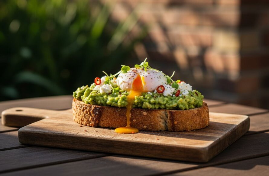 Dynamic close-up shot of a perfectly plated brunch dish, possibly Eggs Benedict with vibrant hollandaise sauce, served at a sunlit Gisborne cafe, capturing the fresh ingredients and inviting atmosphere through professional Gisborne food photography for local cafes.