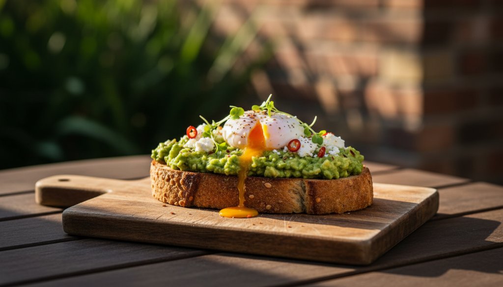 Dynamic close-up shot of a perfectly plated brunch dish, possibly Eggs Benedict with vibrant hollandaise sauce, served at a sunlit Gisborne cafe, capturing the fresh ingredients and inviting atmosphere through professional Gisborne food photography for local cafes.