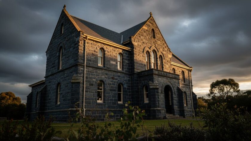 An epic, dramatic wide-angle shot of a beautifully preserved historic bluestone building in Gisborne, Victoria, bathed in the golden light of a setting sun. The intricate architectural details are highlighted by deep shadows, showcasing Gisborne heritage architecture photography Victoria in a stunning, cinematic style.