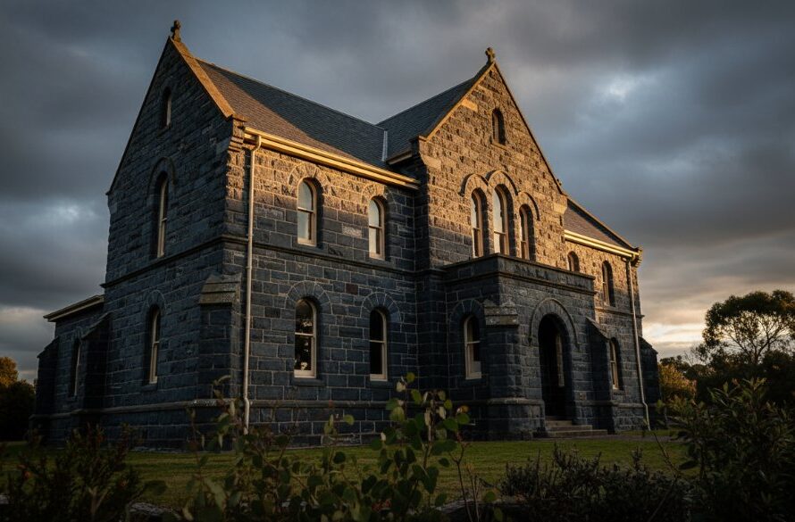 An epic, dramatic wide-angle shot of a beautifully preserved historic bluestone building in Gisborne, Victoria, bathed in the golden light of a setting sun. The intricate architectural details are highlighted by deep shadows, showcasing Gisborne heritage architecture photography Victoria in a stunning, cinematic style.