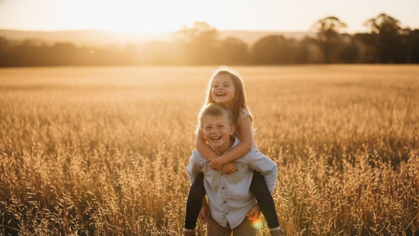 Gisborne kids photography capturing genuine childhood joy, featuring two siblings laughing joyously in a golden-hour field near Gisborne, Victoria, creating an epic moment of childhood wonder.