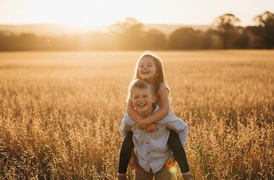 Gisborne kids photography capturing genuine childhood joy, featuring two siblings laughing joyously in a golden-hour field near Gisborne, Victoria, creating an epic moment of childhood wonder.