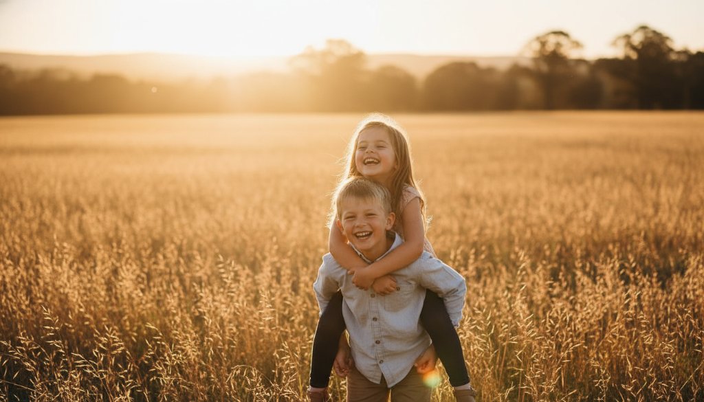 Gisborne kids photography capturing genuine childhood joy, featuring two siblings laughing joyously in a golden-hour field near Gisborne, Victoria, creating an epic moment of childhood wonder.