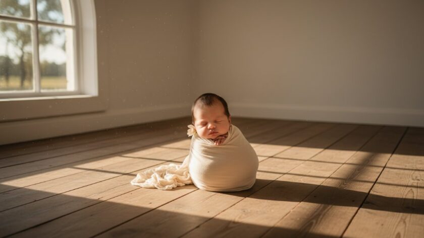 A dramatic and heartwarming Gisborne newborn photography artistic studio portraits hero shot, featuring a sleeping baby swaddled in soft cream fabric, bathed in a soft, ethereal golden light filtering from a large window in a rustic Gisborne studio, captured with exquisite detail and emotion.