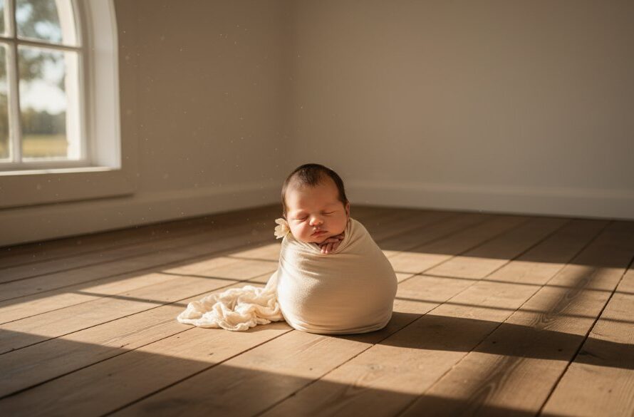 A dramatic and heartwarming Gisborne newborn photography artistic studio portraits hero shot, featuring a sleeping baby swaddled in soft cream fabric, bathed in a soft, ethereal golden light filtering from a large window in a rustic Gisborne studio, captured with exquisite detail and emotion.