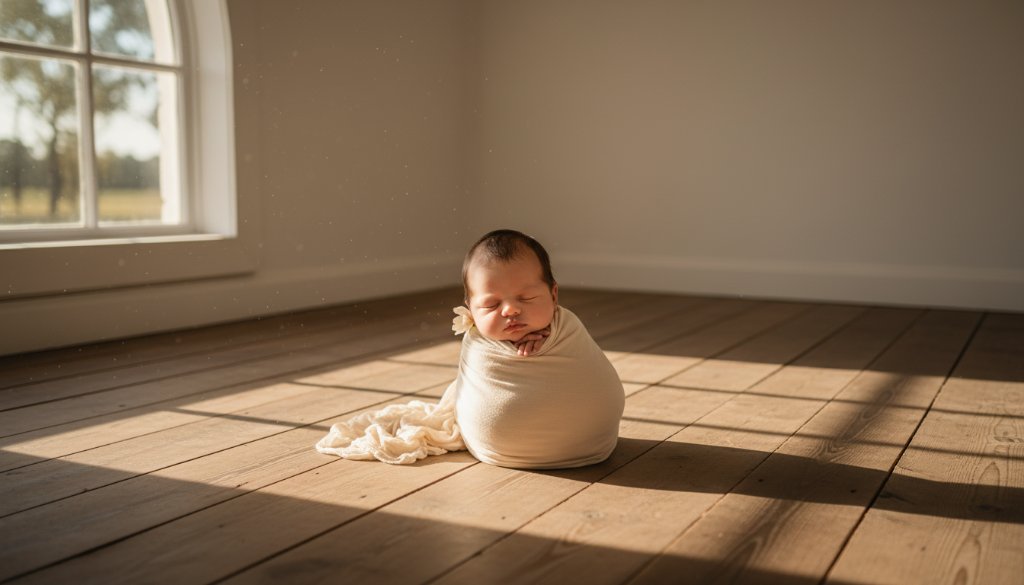 A dramatic and heartwarming Gisborne newborn photography artistic studio portraits hero shot, featuring a sleeping baby swaddled in soft cream fabric, bathed in a soft, ethereal golden light filtering from a large window in a rustic Gisborne studio, captured with exquisite detail and emotion.