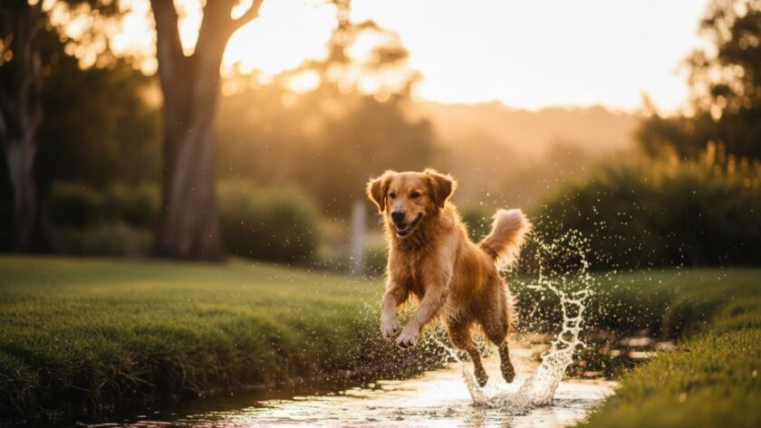 A golden retriever, mid-leap, joyfully catching a frisbee in a sun-drenched Gisborne park, epitomizing Gisborne pet photography capturing joyful moments in Victoria, with dynamic composition and dramatic lighting.