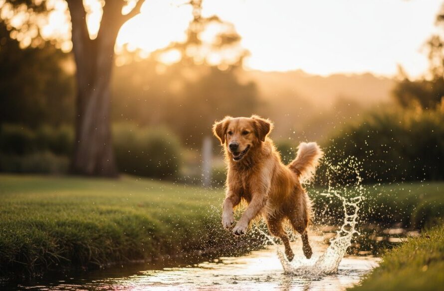 A golden retriever, mid-leap, joyfully catching a frisbee in a sun-drenched Gisborne park, epitomizing Gisborne pet photography capturing joyful moments in Victoria, with dynamic composition and dramatic lighting.