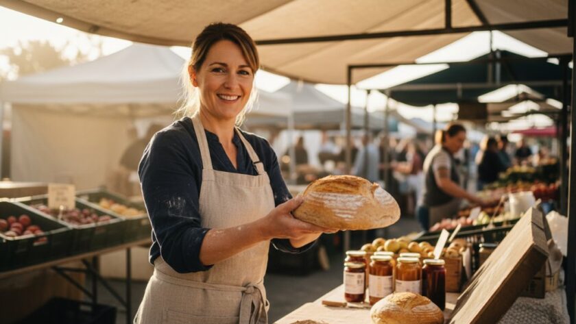 Dramatic wide-angle shot of a artisan baker proudly presenting a freshly baked sourdough loaf in a sunlit Gisborne market stall, highlighting the quality and authenticity of local produce, exemplifying Gisborne Victoria Advertising Photography for Local Business Growth.