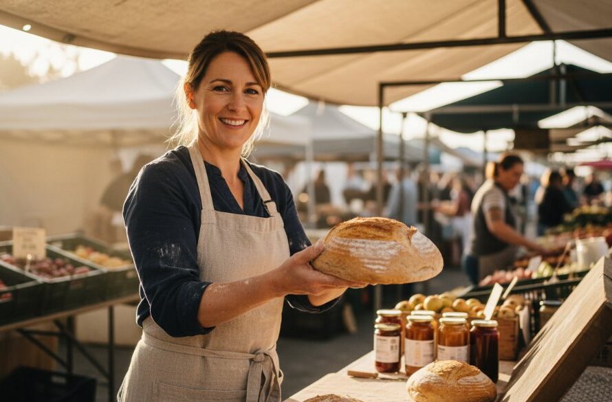Dramatic wide-angle shot of a artisan baker proudly presenting a freshly baked sourdough loaf in a sunlit Gisborne market stall, highlighting the quality and authenticity of local produce, exemplifying Gisborne Victoria Advertising Photography for Local Business Growth.