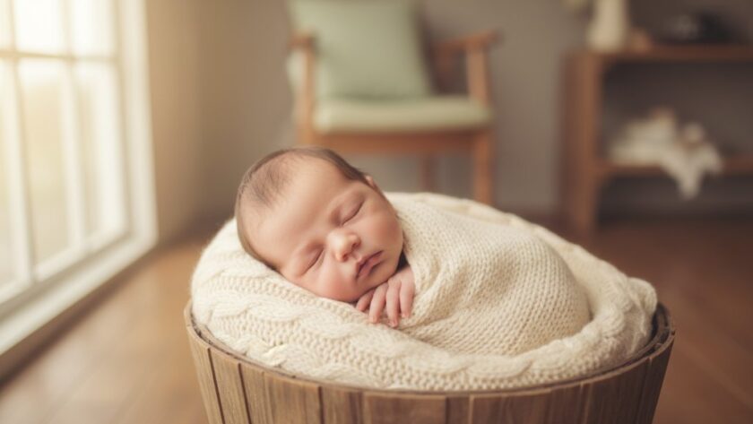 A serene close-up photograph of a sleeping newborn baby, swaddled in soft, earthy tones, with soft natural light filtering in from a window, captured in Gisborne, Victoria, representing Gisborne Victoria baby photography authentic moments.