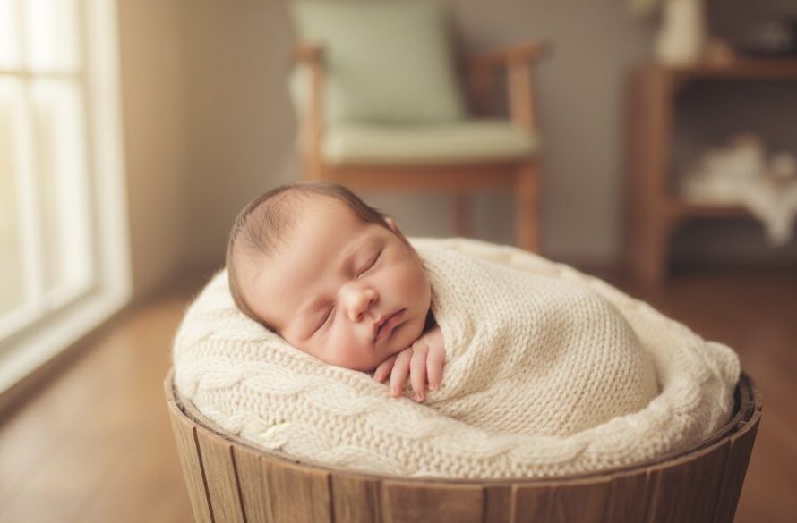 A serene close-up photograph of a sleeping newborn baby, swaddled in soft, earthy tones, with soft natural light filtering in from a window, captured in Gisborne, Victoria, representing Gisborne Victoria baby photography authentic moments.