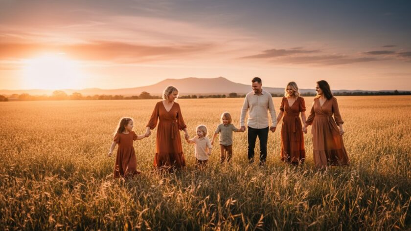 An emotive wide-shot portrait showcasing a family amidst a golden-hour field near Mount Macedon, embodying Gisborne Victoria bespoke fine art portraiture, with dramatic light and deep colours.