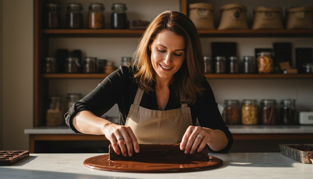An epic moment of a local artisan in Gisborne, Victoria, Australia, meticulously crafting pottery in a sunlit studio, captured with dramatic lighting and professional colour grading to showcase Gisborne Victoria editorial photography for local businesses.
