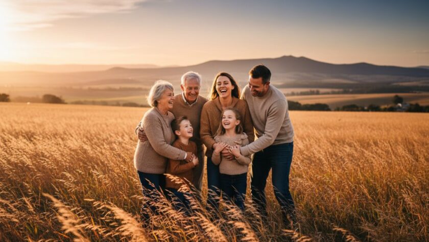 A family joyfully laughing together in a sun-drenched field near Mount Macedon, Gisborne Victoria, capturing beautiful Gisborne Victoria outdoor family photography memories with dramatic golden hour lighting.
