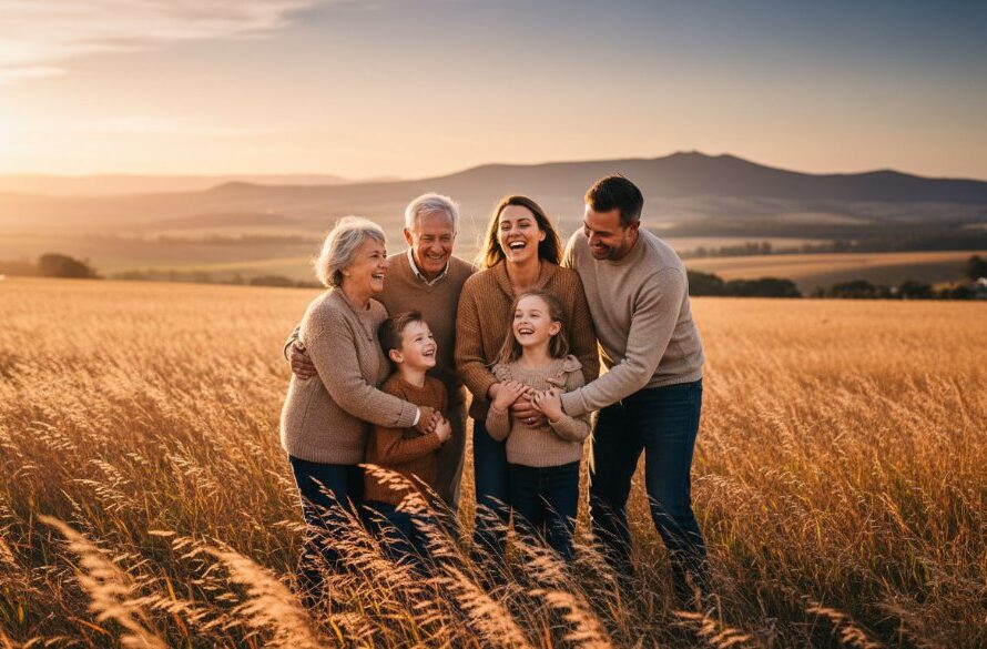 A family joyfully laughing together in a sun-drenched field near Mount Macedon, Gisborne Victoria, capturing beautiful Gisborne Victoria outdoor family photography memories with dramatic golden hour lighting.