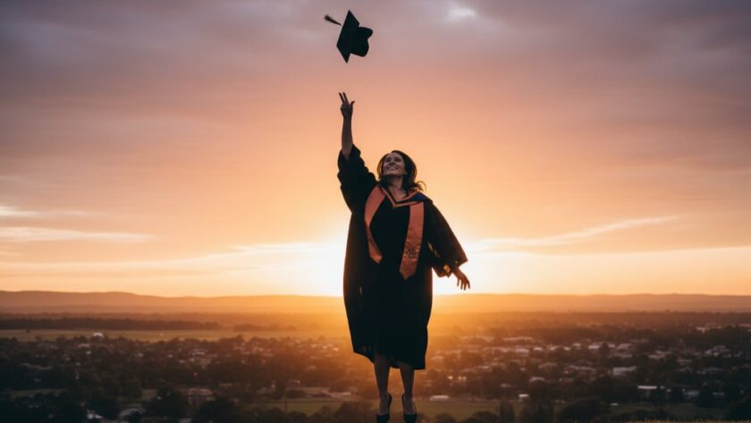 A jubilant graduate in their cap and gown, framed against the iconic Gisborne landscape at sunset, capturing their Gisborne Victoria university graduation photography celebration with dramatic backlighting and a sense of achievement.