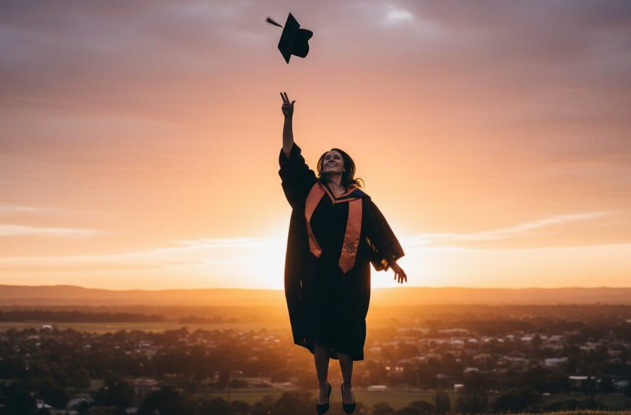 A jubilant graduate in their cap and gown, framed against the iconic Gisborne landscape at sunset, capturing their Gisborne Victoria university graduation photography celebration with dramatic backlighting and a sense of achievement.
