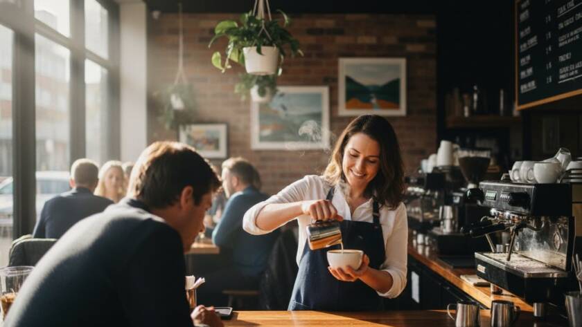 Dynamic shot of a local barista crafting a latte in a vibrant Glen Iris cafe, perfectly lit to showcase the artisanal coffee and cafe atmosphere, illustrating Glen Iris advertising photography for local businesses.