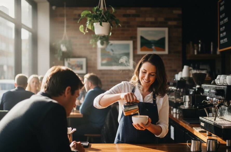 Dynamic shot of a local barista crafting a latte in a vibrant Glen Iris cafe, perfectly lit to showcase the artisanal coffee and cafe atmosphere, illustrating Glen Iris advertising photography for local businesses.