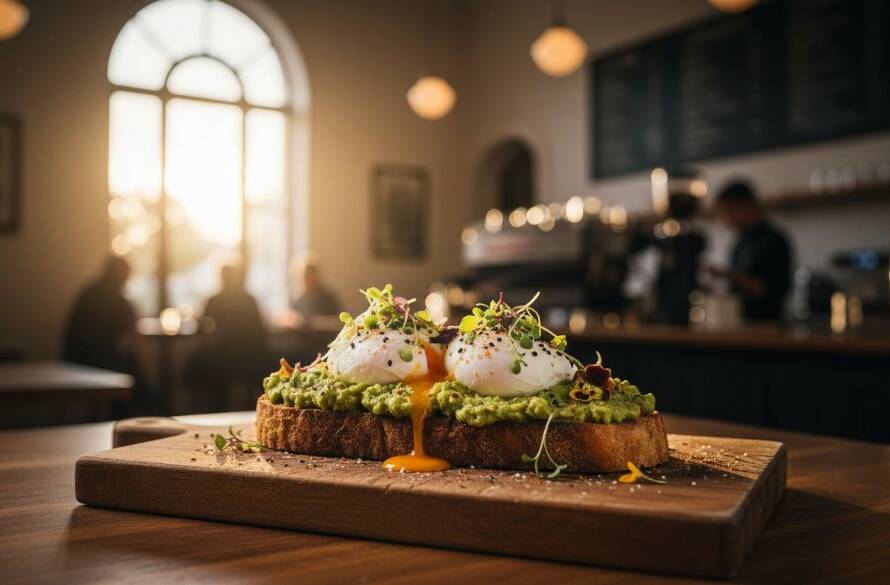 Dynamic close-up of a perfectly plated dish, showcasing the vibrant colours and textures of a gourmet brunch item, bathed in soft, natural light within a bustling Glen Iris cafe, illustrating expert Glen Iris cafe food photography for local businesses.