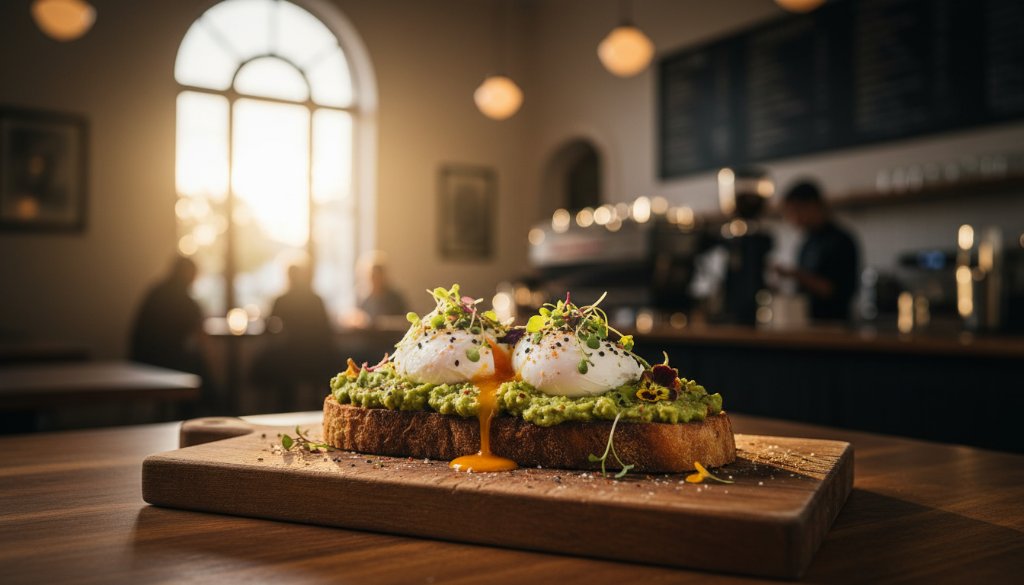 Dynamic close-up of a perfectly plated dish, showcasing the vibrant colours and textures of a gourmet brunch item, bathed in soft, natural light within a bustling Glen Iris cafe, illustrating expert Glen Iris cafe food photography for local businesses.