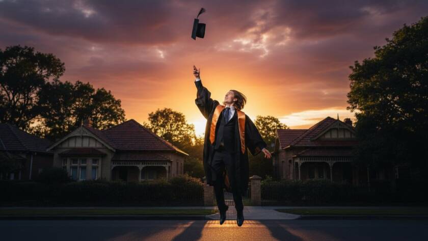 A jubilant graduate in Glen Iris, Victoria, tosses their cap high in the air against a sunset backdrop, emblemising Glen Iris graduation photography capturing joyful academic milestones, with a focus on their ecstatic expression and vibrant colours.