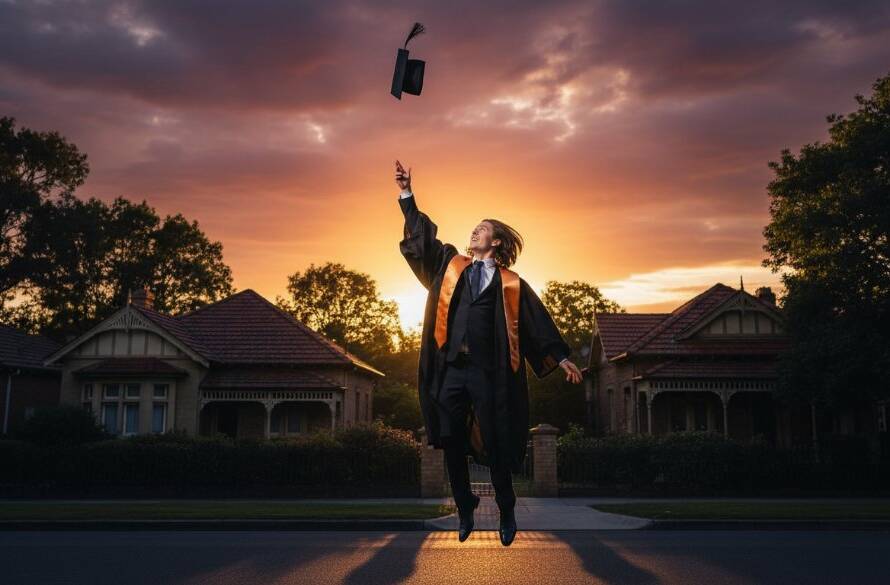 A jubilant graduate in Glen Iris, Victoria, tosses their cap high in the air against a sunset backdrop, emblemising Glen Iris graduation photography capturing joyful academic milestones, with a focus on their ecstatic expression and vibrant colours.