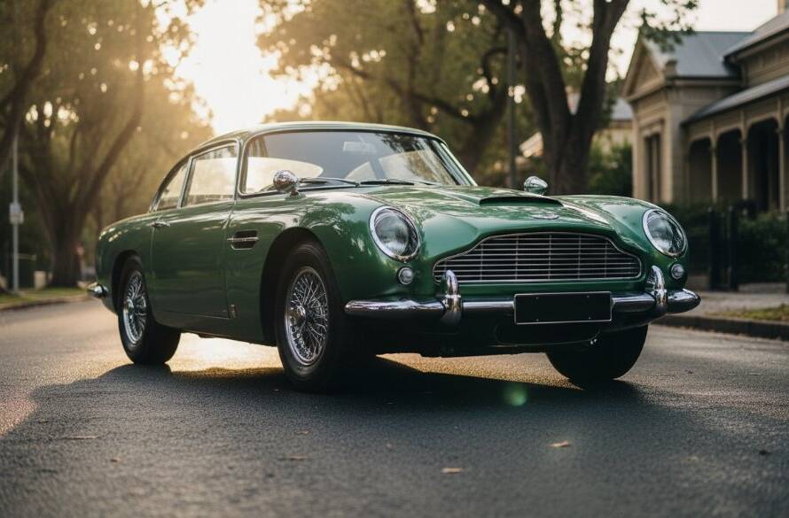 Dramatic shot of a vintage British racing green Aston Martin DB5 parked elegantly on a tree-lined street in Glen Iris, sunlight glinting off its polished chrome, showcasing Glen Iris luxury automotive photography excellence.