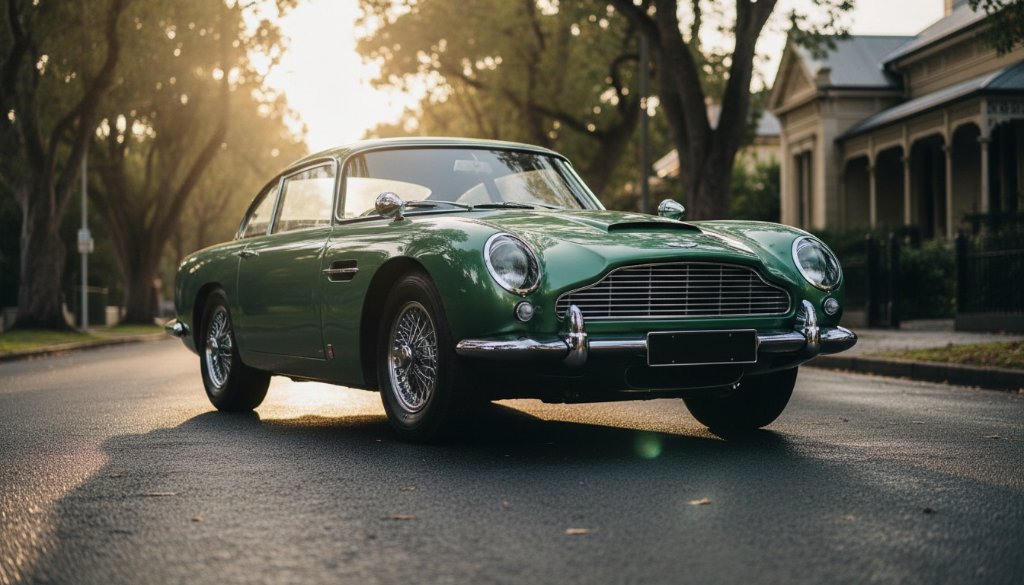 Dramatic shot of a vintage British racing green Aston Martin DB5 parked elegantly on a tree-lined street in Glen Iris, sunlight glinting off its polished chrome, showcasing Glen Iris luxury automotive photography excellence.