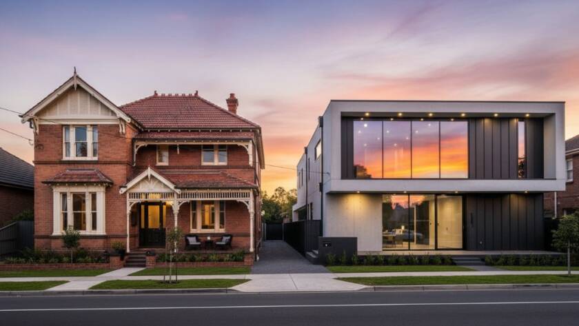 An epic moment showcasing a beautifully restored Federation-era home juxtaposed with a sleek, contemporary building in Glen Iris, expertly captured with dramatic evening light, highlighting the unique blend that defines Glen Iris Modern Heritage Architecture Photography.