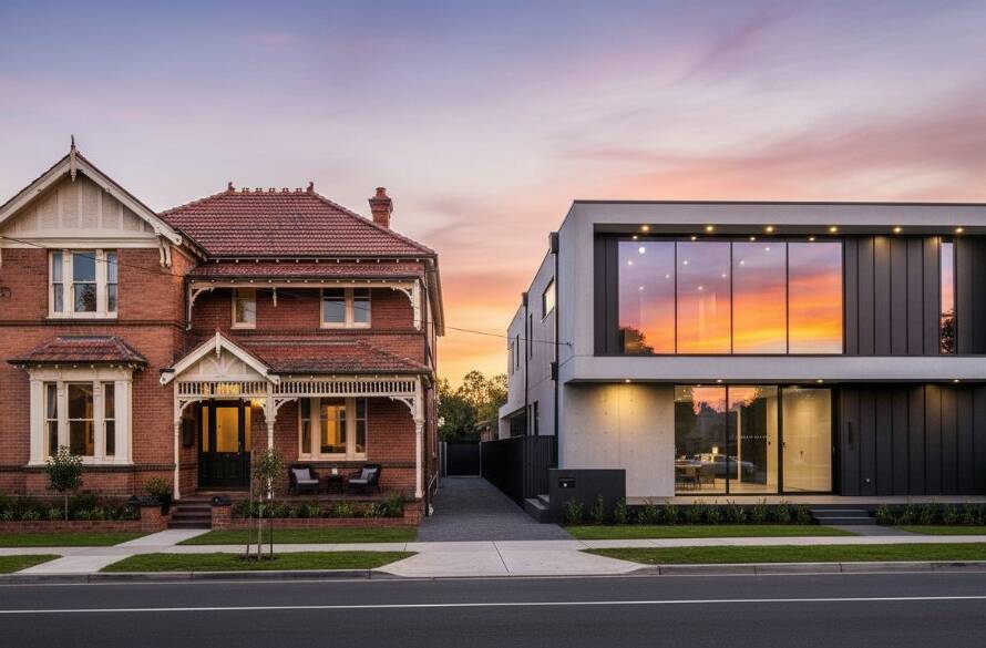 An epic moment showcasing a beautifully restored Federation-era home juxtaposed with a sleek, contemporary building in Glen Iris, expertly captured with dramatic evening light, highlighting the unique blend that defines Glen Iris Modern Heritage Architecture Photography.