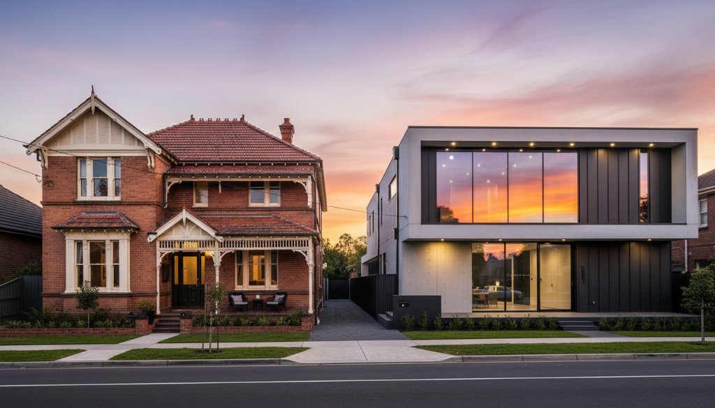 An epic moment showcasing a beautifully restored Federation-era home juxtaposed with a sleek, contemporary building in Glen Iris, expertly captured with dramatic evening light, highlighting the unique blend that defines Glen Iris Modern Heritage Architecture Photography.