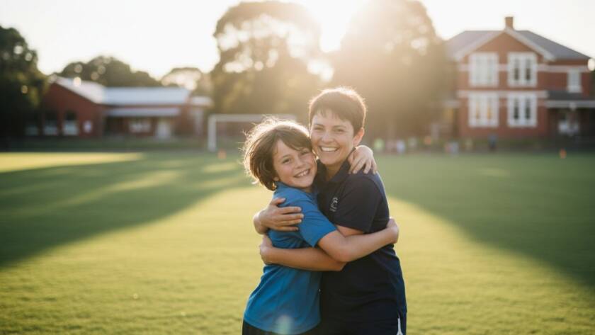 A vibrant, low-angle professional photograph capturing a moment of pure joy and connection during Glen Iris primary school photography storytelling, featuring two young students laughing genuinely together in the golden afternoon light of a school oval.