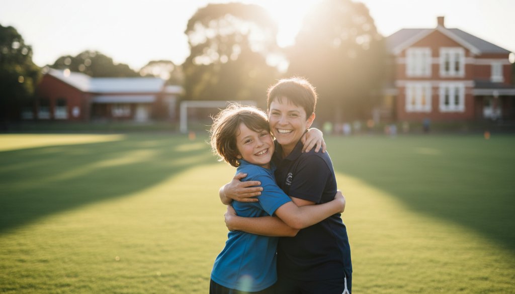 A vibrant, low-angle professional photograph capturing a moment of pure joy and connection during Glen Iris primary school photography storytelling, featuring two young students laughing genuinely together in the golden afternoon light of a school oval.