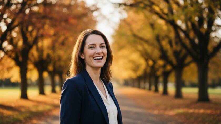 A confident professional smiling warmly, captured in Glen Iris professional headshots natural light, with the warm, golden hour sun highlighting her face and a lush, blurred park background, conveying approachability and expertise.