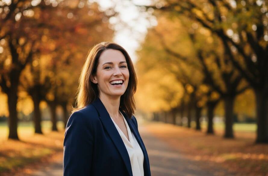 A confident professional smiling warmly, captured in Glen Iris professional headshots natural light, with the warm, golden hour sun highlighting her face and a lush, blurred park background, conveying approachability and expertise.