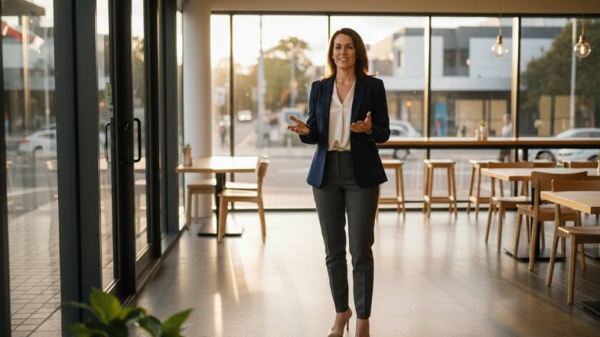An epic moment capture of a confident female entrepreneur in Glen Waverley, Victoria, showcasing her brand's essence with stunning Glen Waverley business branding photography solutions, set against a modern cafe backdrop with golden hour light.