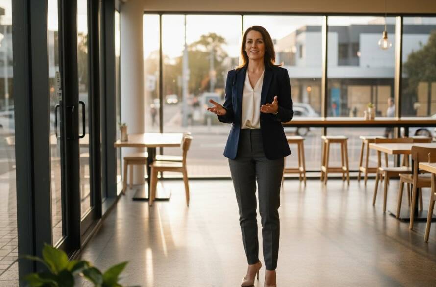 An epic moment capture of a confident female entrepreneur in Glen Waverley, Victoria, showcasing her brand's essence with stunning Glen Waverley business branding photography solutions, set against a modern cafe backdrop with golden hour light.