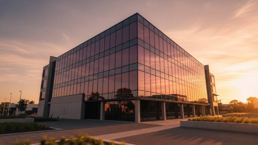 A dramatic sunset shot of a sleek, modern commercial building in Glen Waverley, featuring strong geometric lines and reflective glass, showcasing professional Glen Waverley contemporary architectural photography Melbourne with dynamic light.