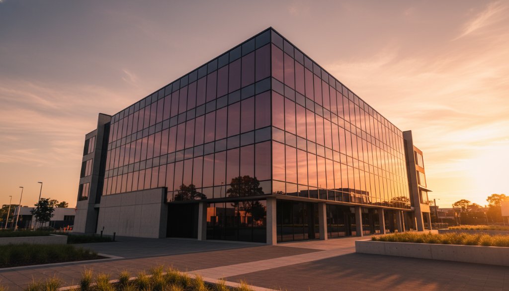 A dramatic sunset shot of a sleek, modern commercial building in Glen Waverley, featuring strong geometric lines and reflective glass, showcasing professional Glen Waverley contemporary architectural photography Melbourne with dynamic light.
