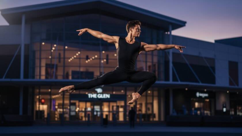 A male dancer in a powerful, mid-air leap, frozen in time against a blurred background of The Glen Shopping Centre's modern facade in Glen Waverley, exemplifying professional Glen Waverley dynamic dance photography artistry with dramatic backlighting and vibrant stage colours.